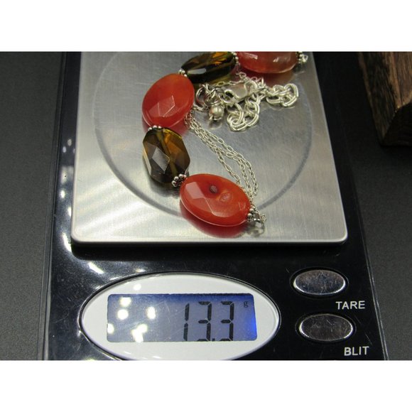 18" Sterling Silver Brown Glass And Orange Stone Necklace Vintage Minimalist - Picture 6 of 6